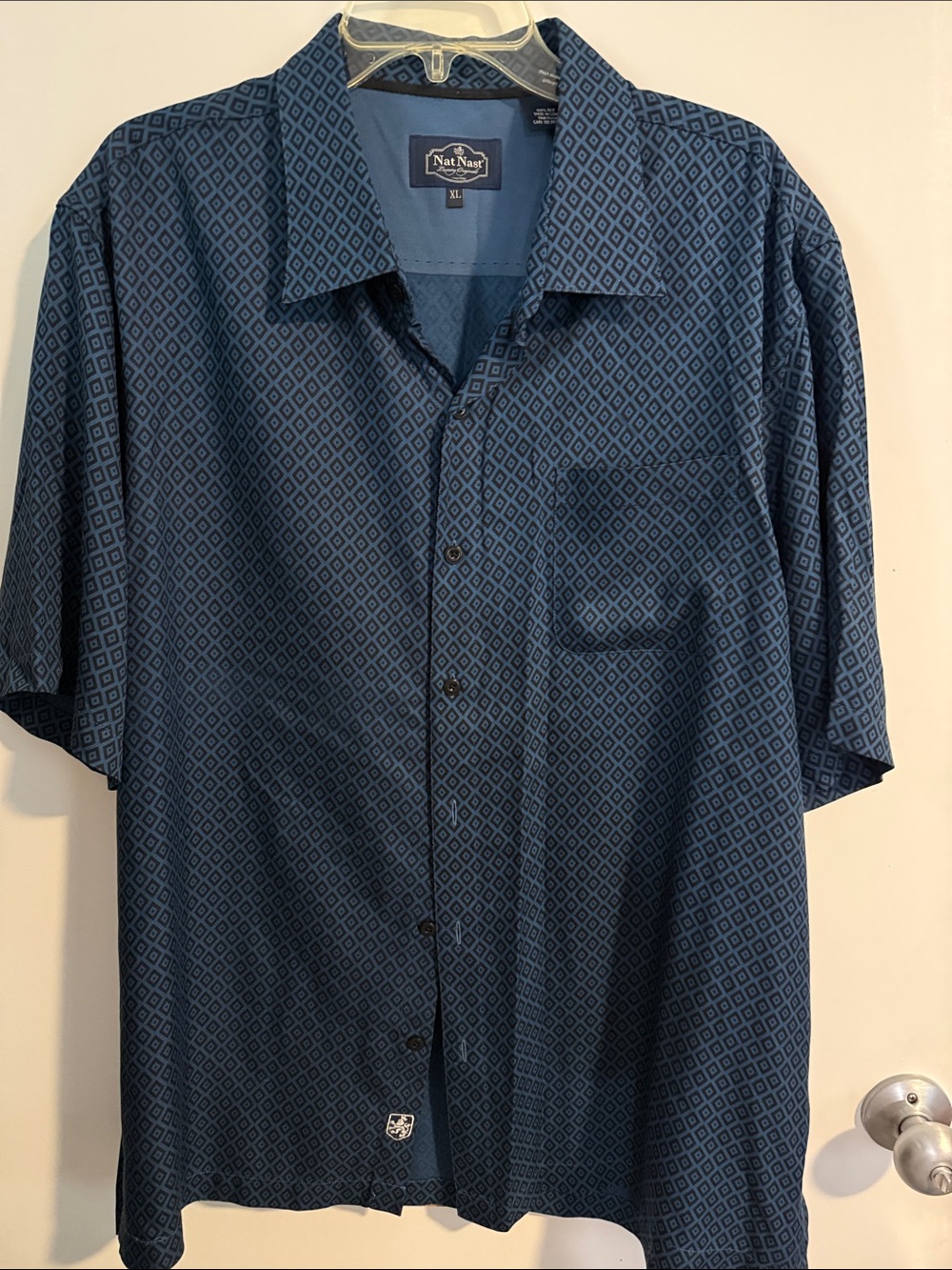 Nat Nast Blue Diamond-Print Short Sleeve Button-Up Shirt